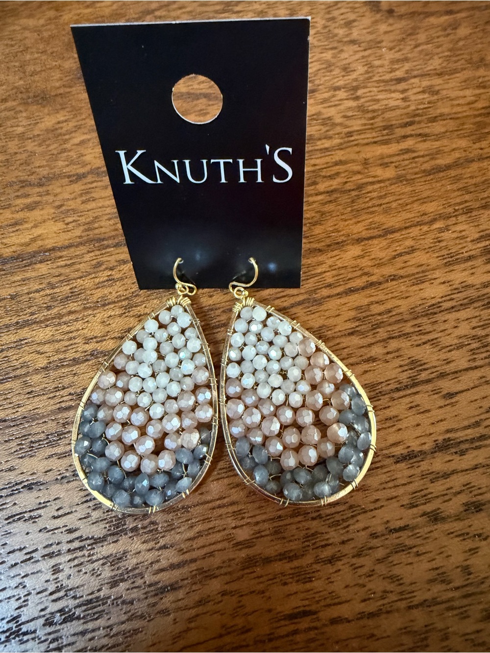 Gold Teardrop Beaded Earrings in White, Peach & Gray